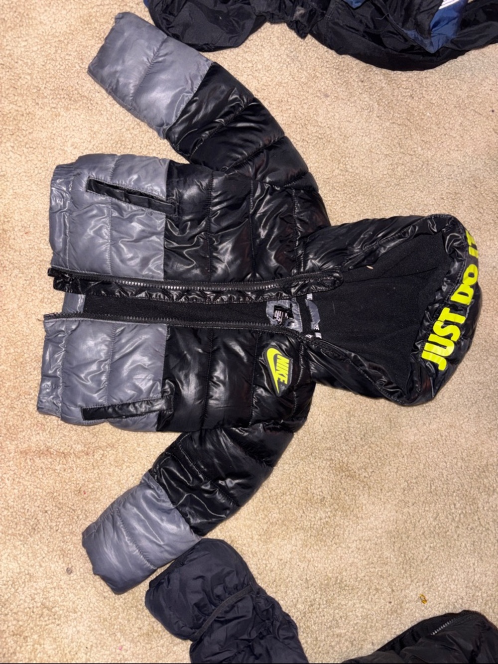 Nike Black and Gray Kids Puffer Jacket with Yellow Logo